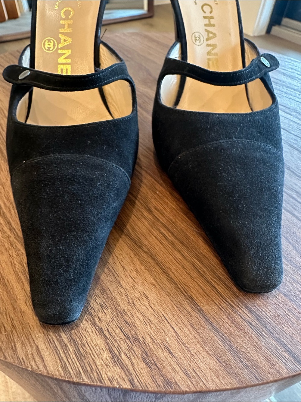 Chanel Black Suede Mary-Jane Pointed-Toe Mules - Picture 6 of 9